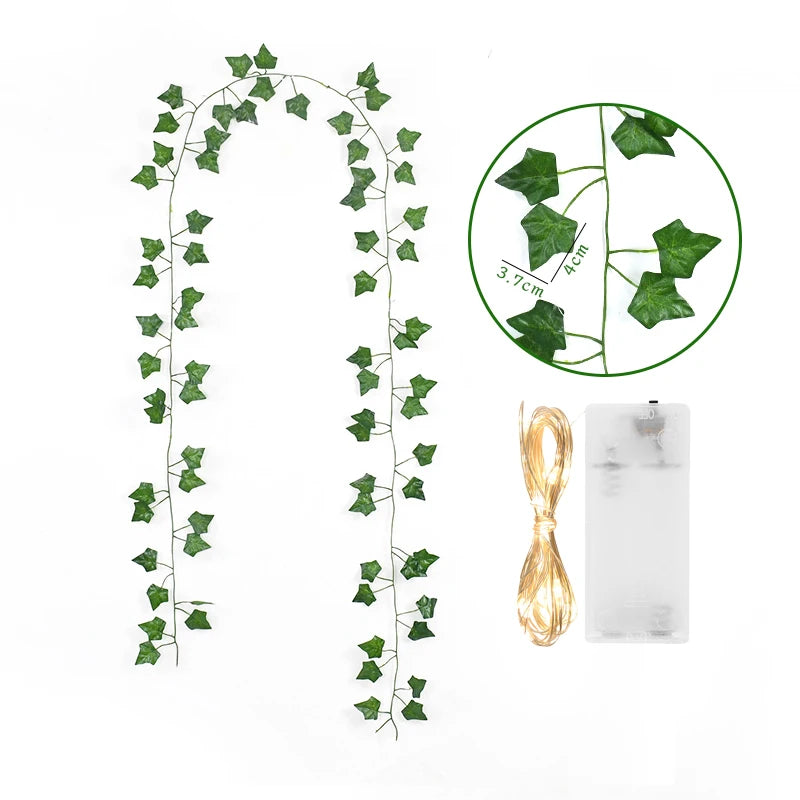 2Meter Fake Green Leaf Ivy Vine with LED Lights String for Home Bedroom Decor Wedding Glowing Artifical Plant Garland Home Decor