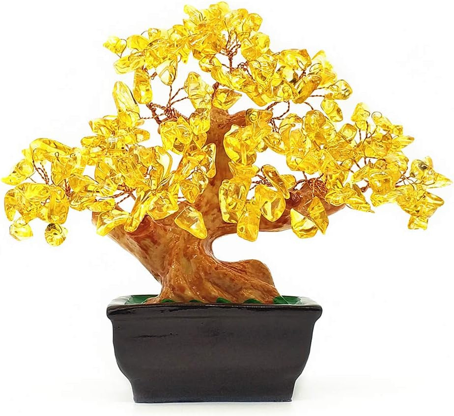 Feng Shui Quartz Crystal Money Tree Bonsai Style Decoration for Luck and Wealth (Yellow)