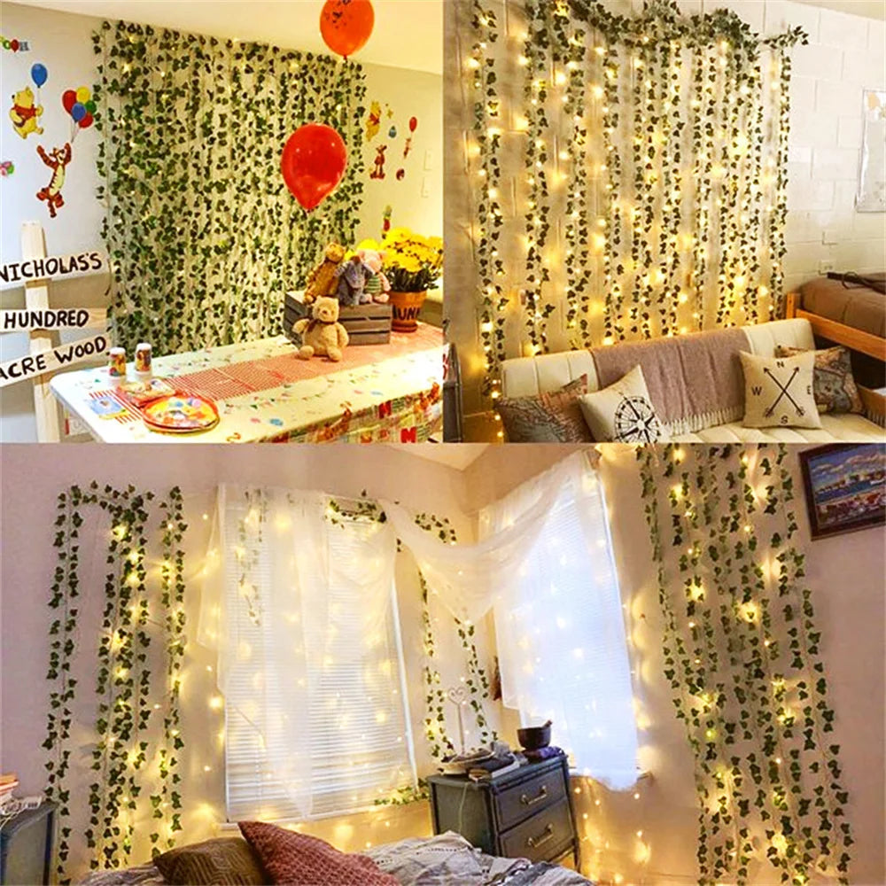 2Meter Fake Green Leaf Ivy Vine with LED Lights String for Home Bedroom Decor Wedding Glowing Artifical Plant Garland Home Decor